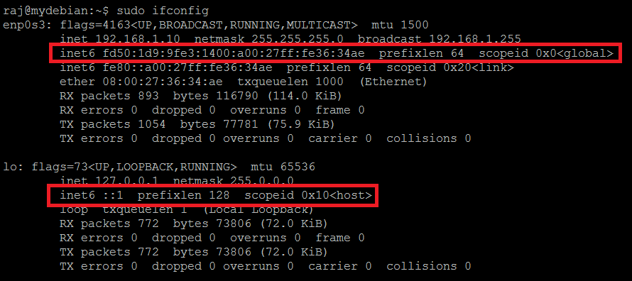 在Debian 9上禁用IPv6  - 在禁用IPv6之前输出ifconfig命令